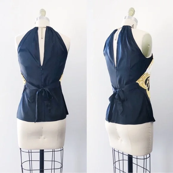 Cache • vintage silk scarf top halter neck chain black white gold versace - Picture 7 of 12